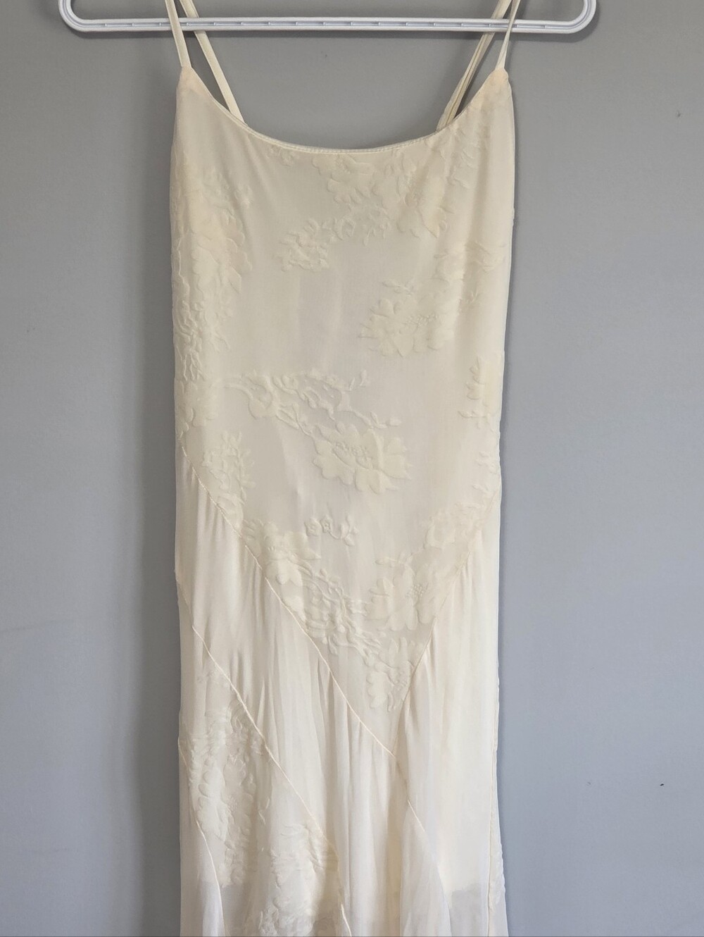 Ivory Floral Velvet Burnout Lace-Like Mesh Maxi Slip Dress Tie Back Sz L